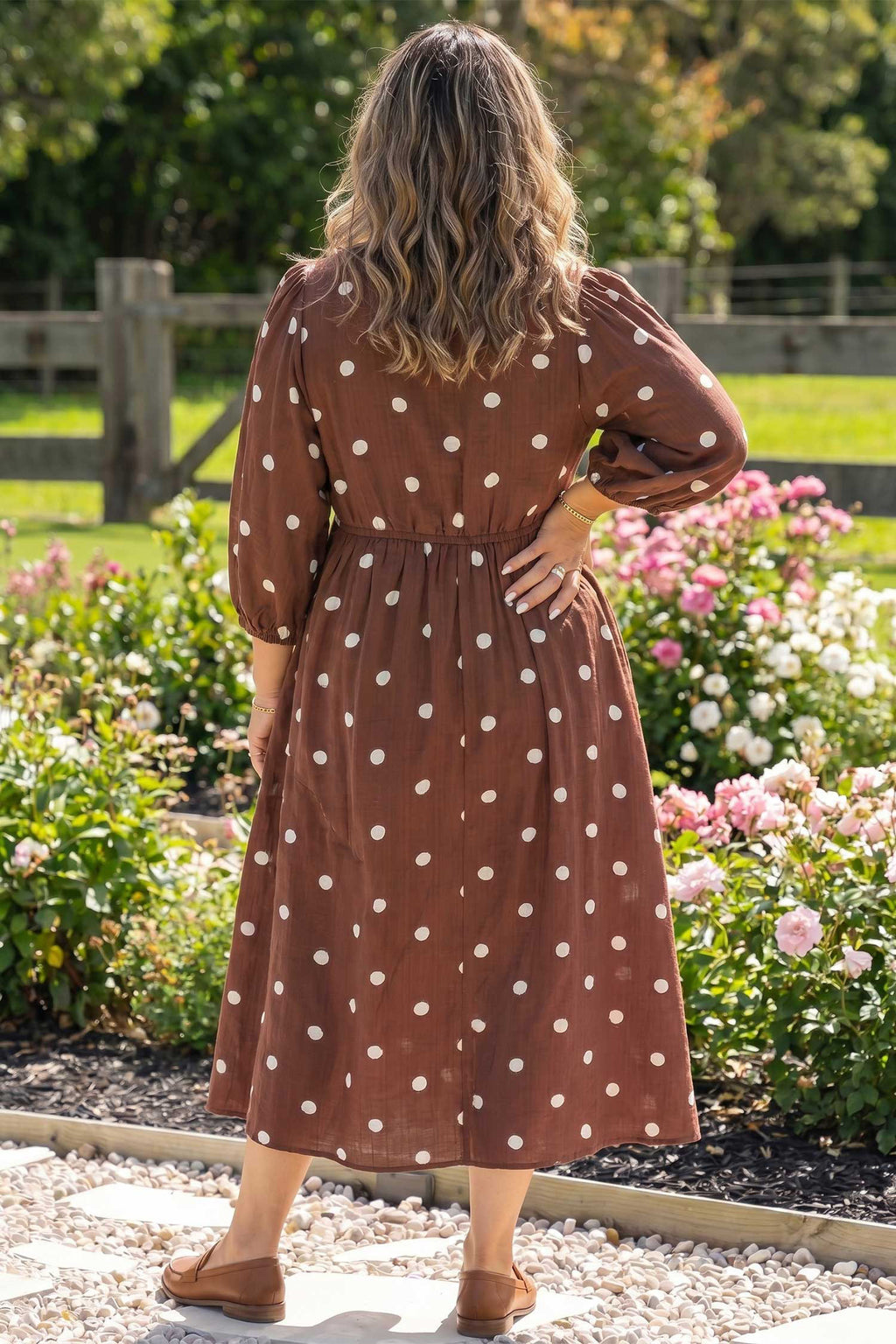 Brown Polka Dot Long Sleeve Plus Size Dress