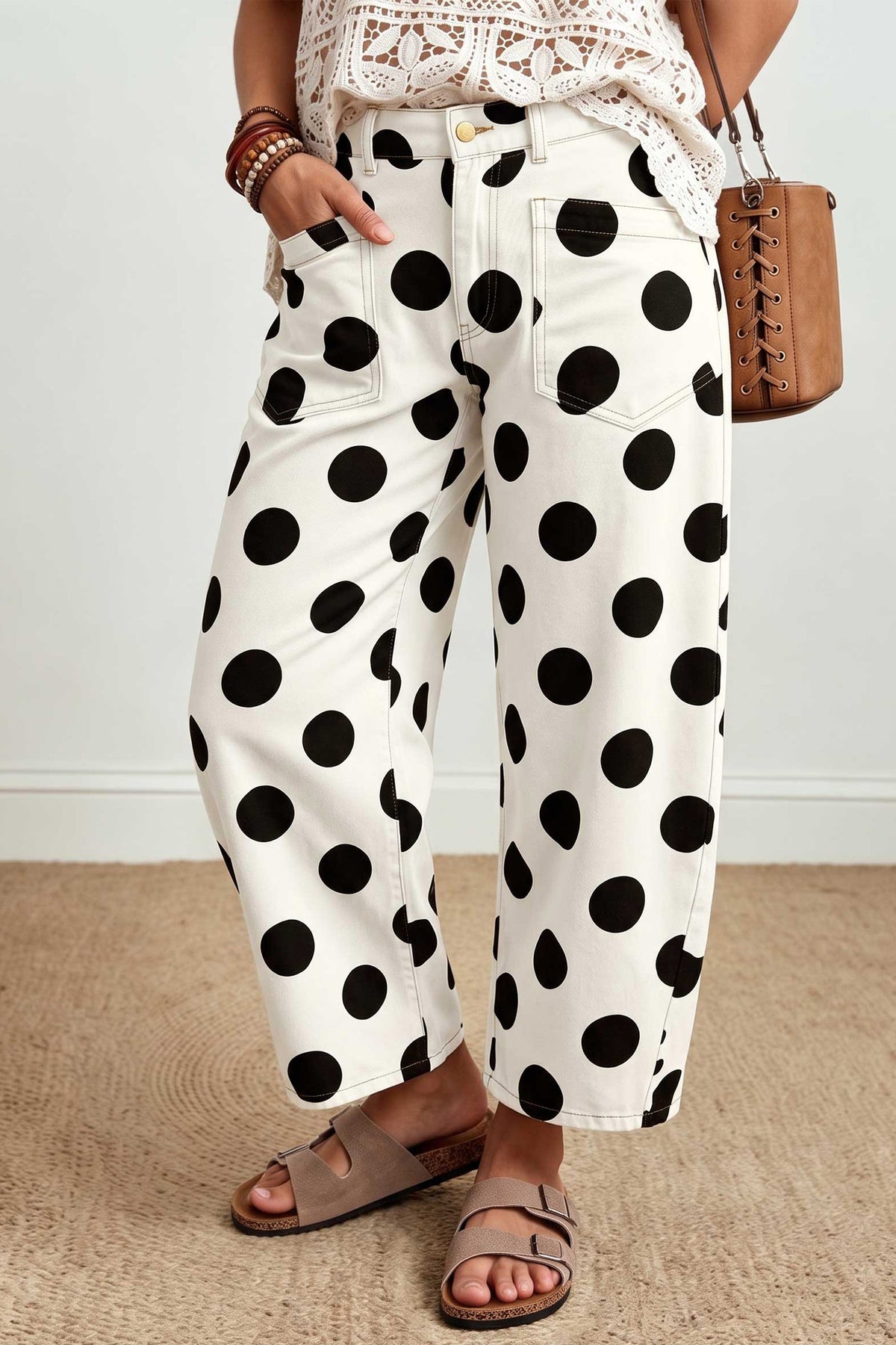Brown Polka Dot Ankle-Length Barrel Jeans