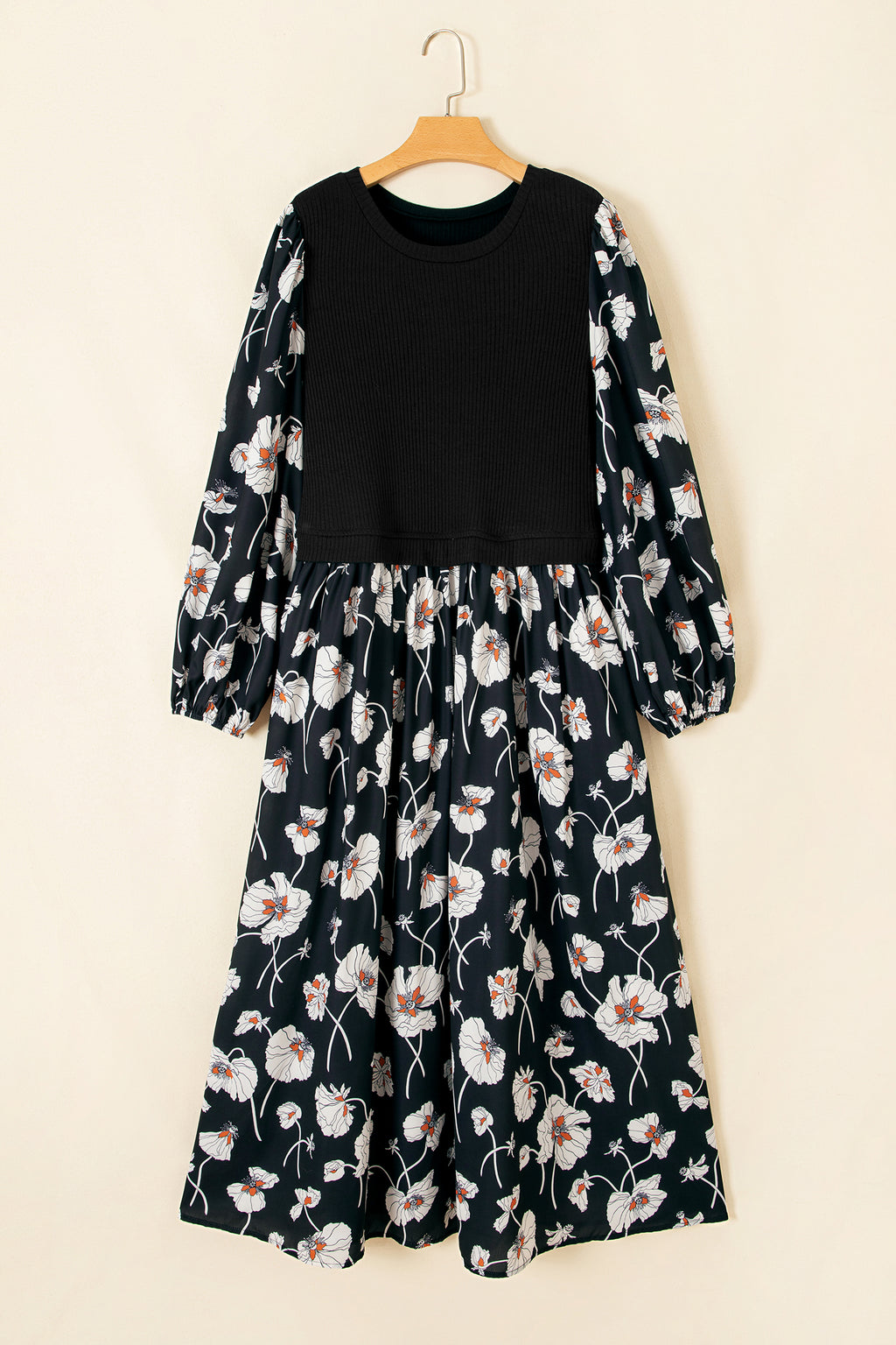 Black Floral Print Long Sleeve Plus Size Dress