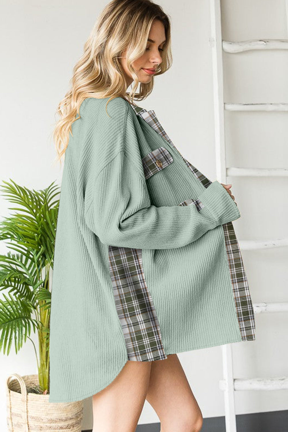 "Grass Is Greener" Plaid Patchwork Waffle Knit Shacket