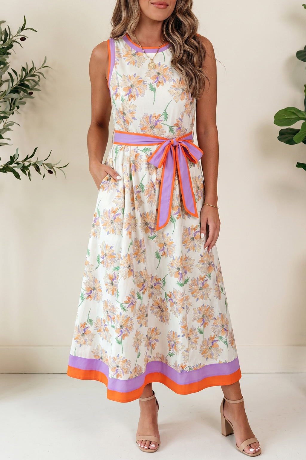 White Floral Print Color Block Trim Belted Maxi Dress