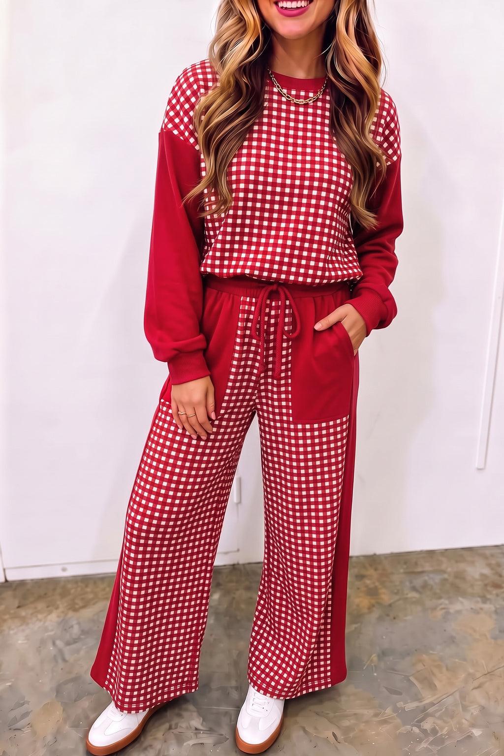 Color Block Plaid Patchwork Long Sleeve Pullover Pant Set