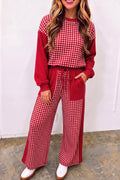 Color Block Plaid Patchwork Long Sleeve Pullover Pant Set