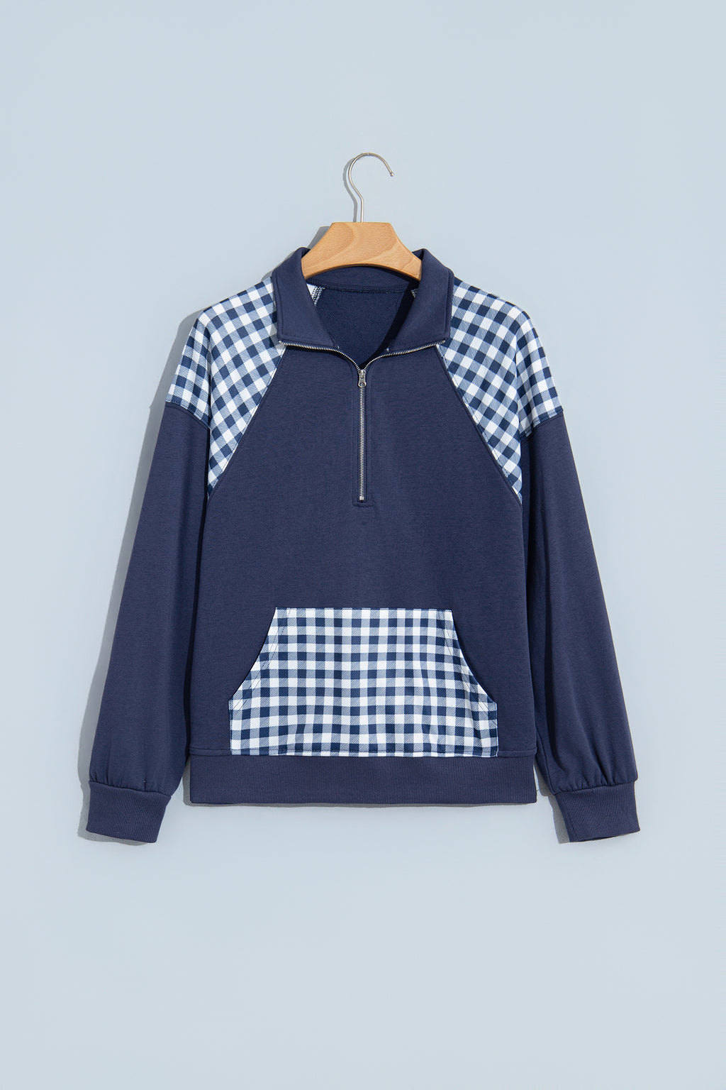 Patchwork Plaid Pocket Quarter Zip Pullover