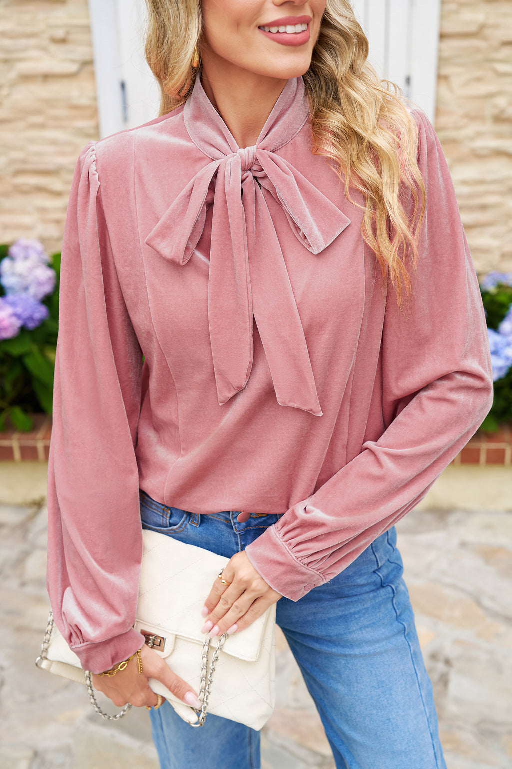 "Flip for Fuchsia" Velvet Long Sleeve Blouse