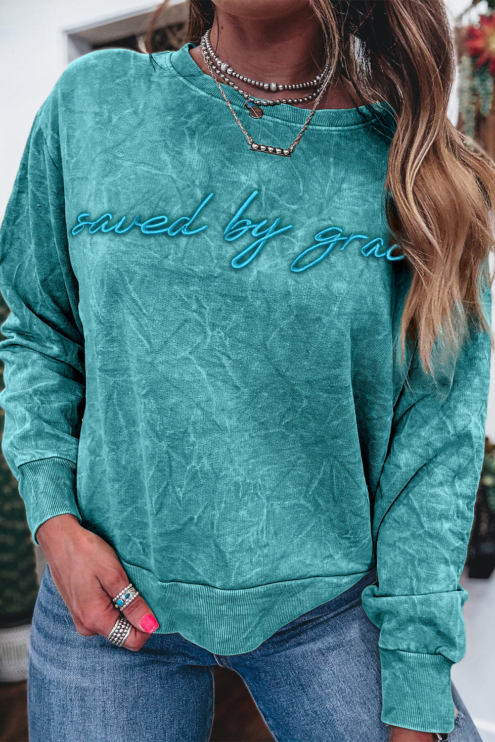 "Saved by Grace" Embroidered Mineral Wash Sweatshirt