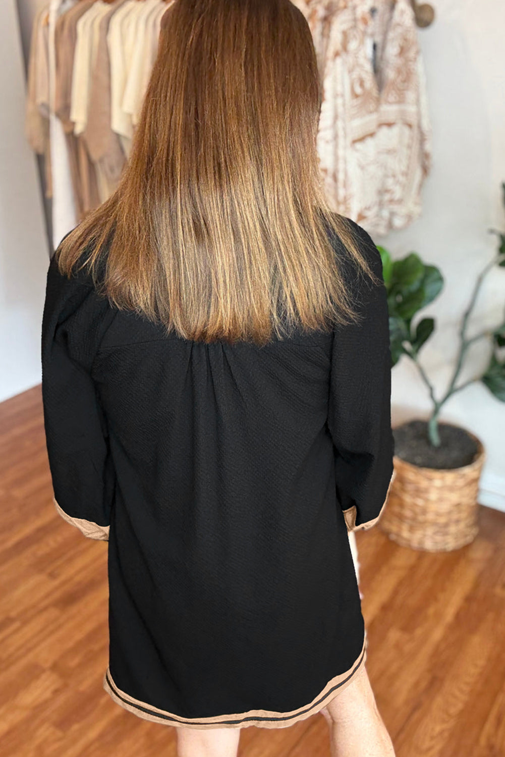 Color Block Trim Long Sleeve Black Plus Size Dress