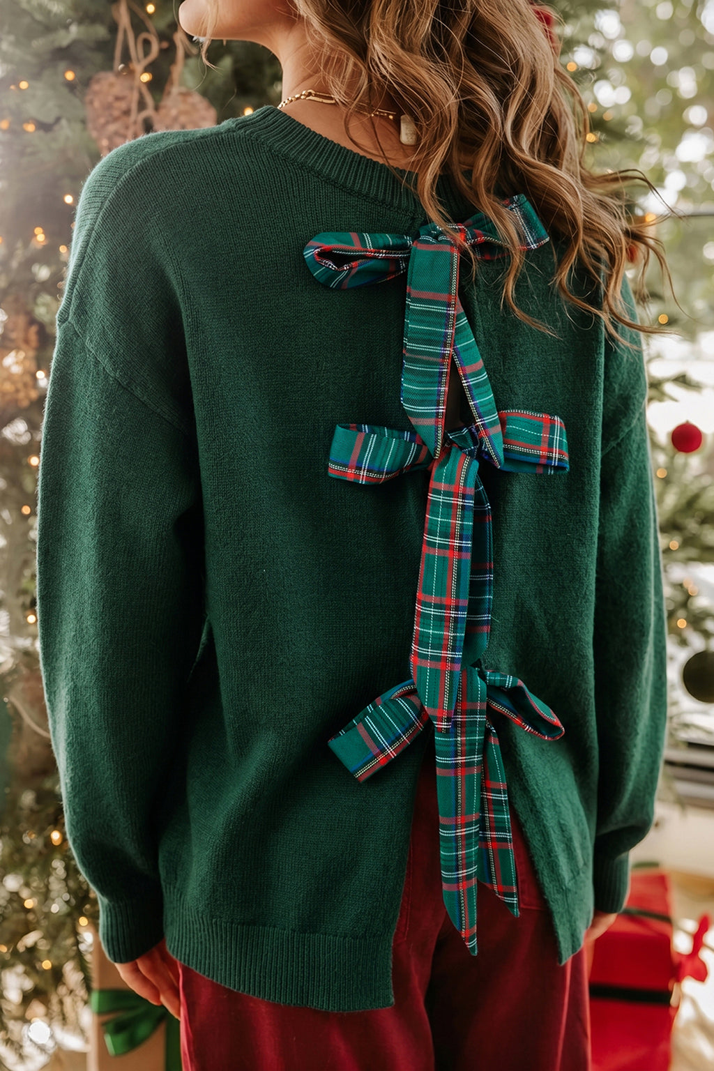 "Green w/ Plaid Bow Tie Back"  Christmas Sweater