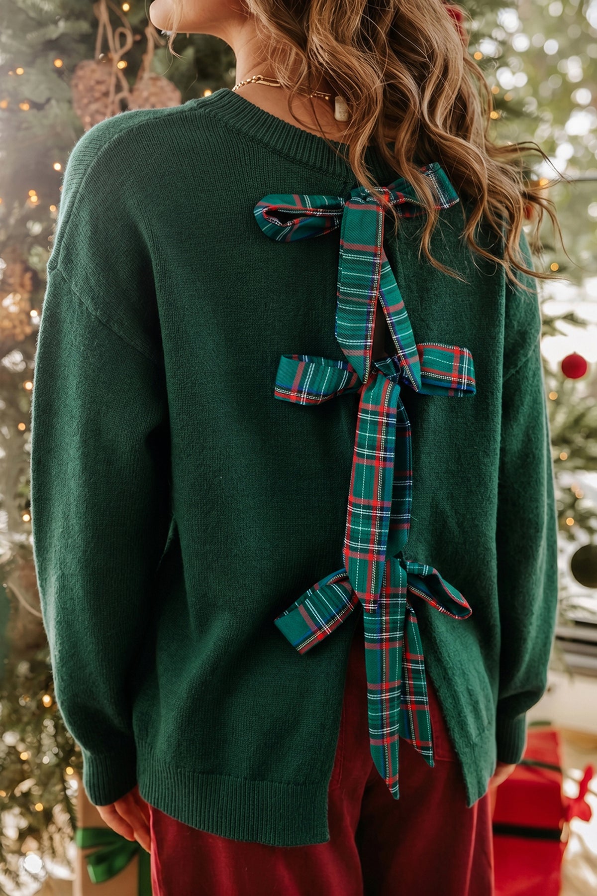 "Green w/ Plaid Bow Tie Back"  Christmas Sweater
