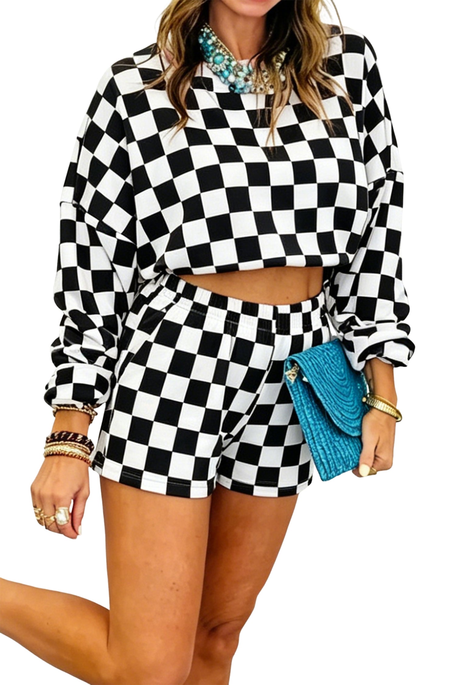 Checkered Crop Top Shorts Two Piece Set