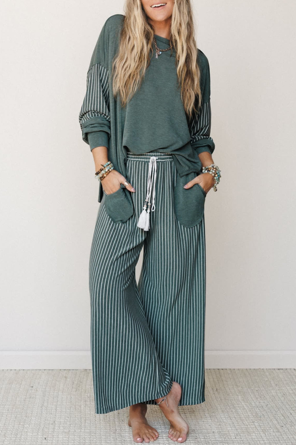“Green Bay Rae” Patchwork Long Sleeve Top & Pants 2pcs Set