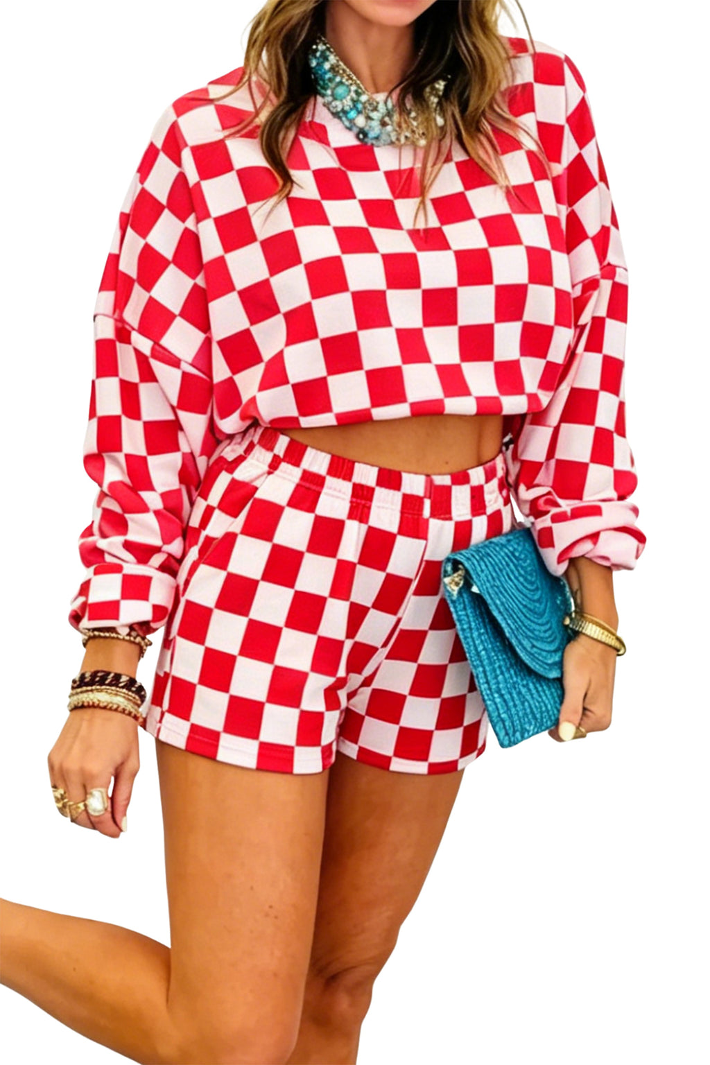 Checkered Crop Top Shorts Two Piece Set