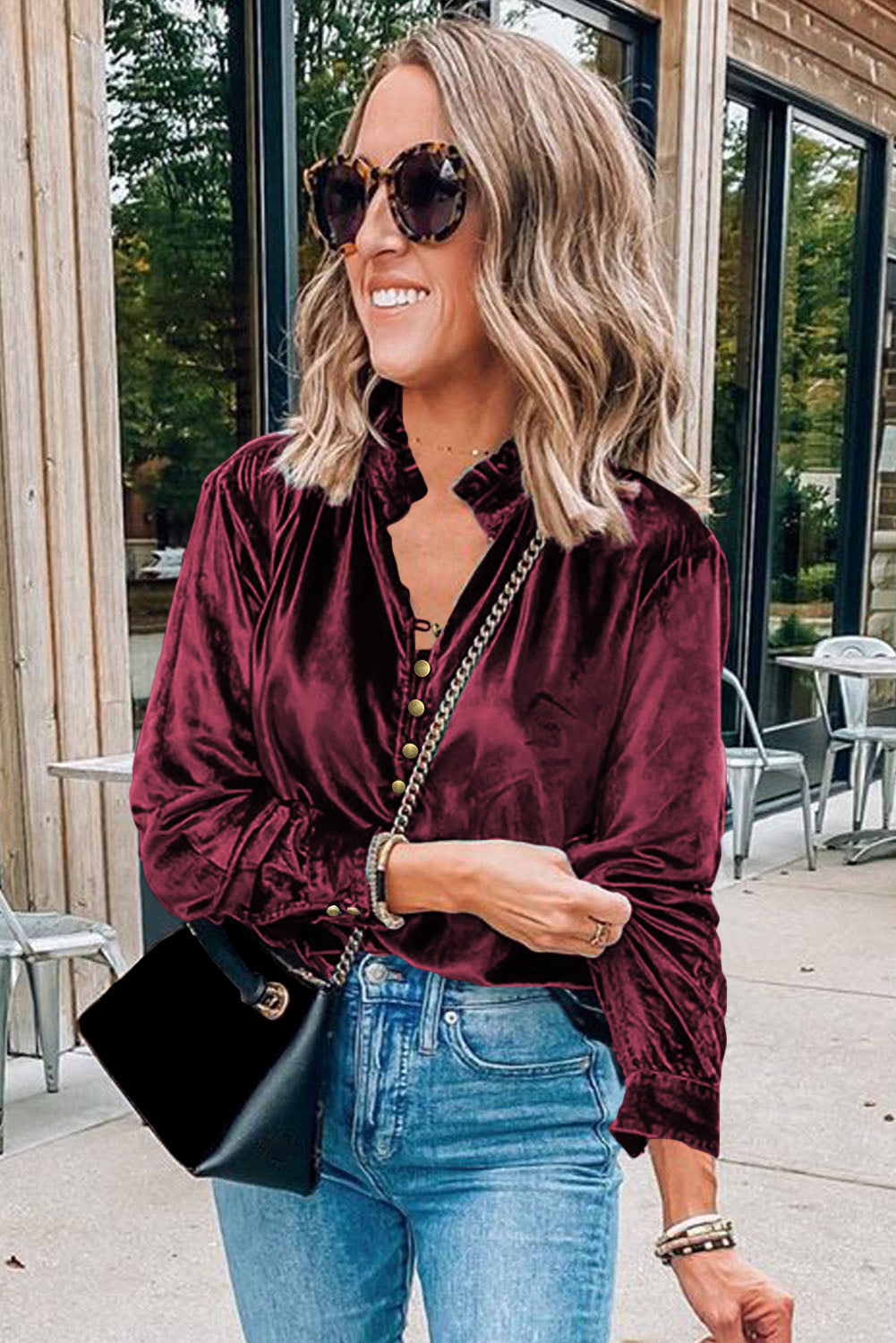 “Frilled” Mock Neck Velvet Top