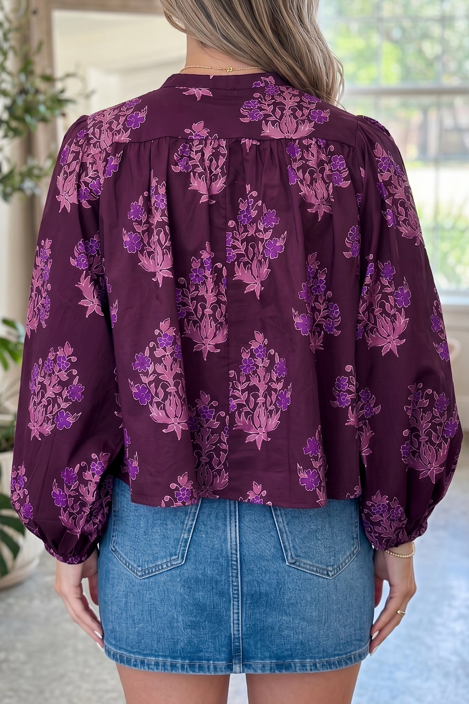 "Playful In Purple" Floral Print Long Puff Sleeve Shirt