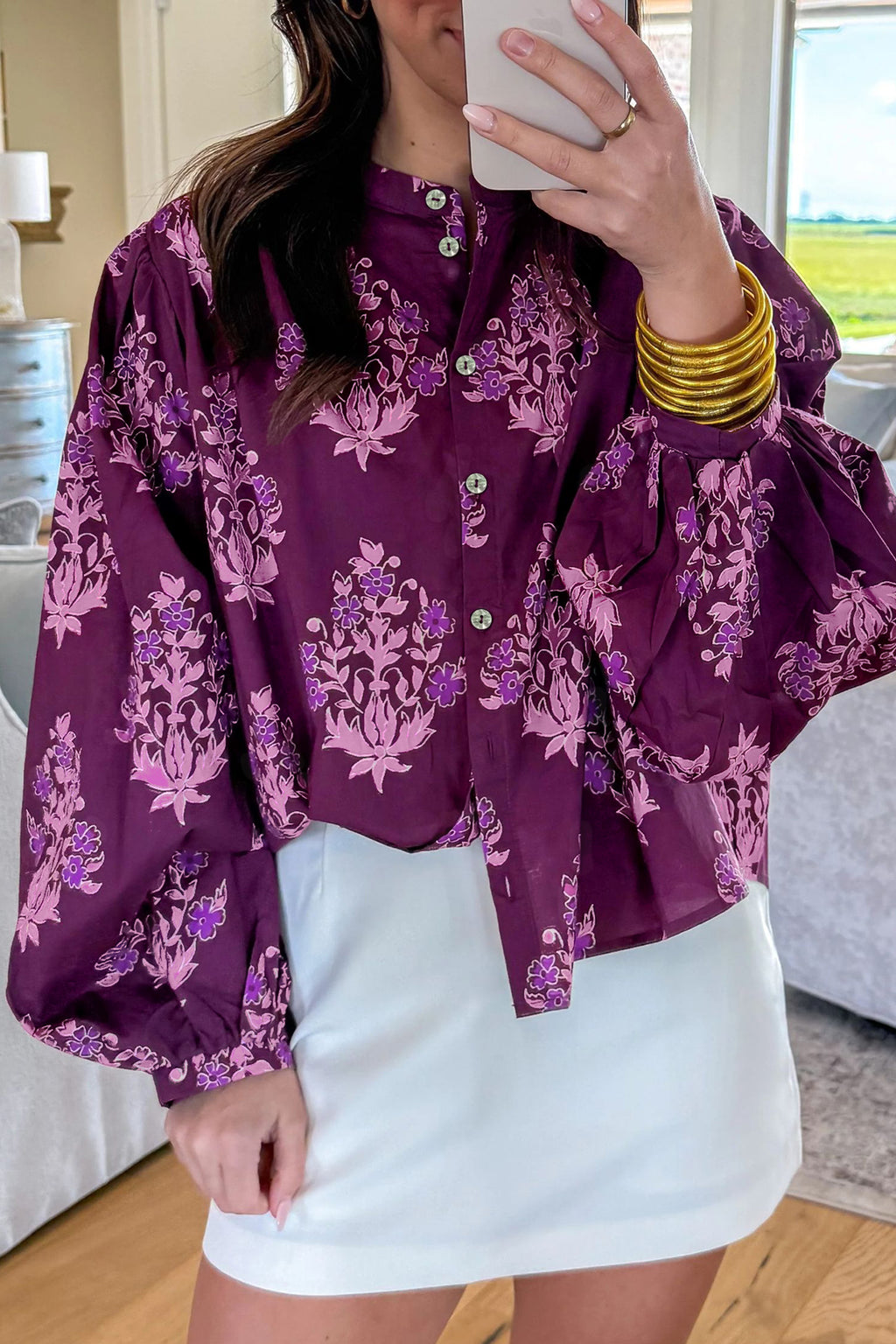 "Playful In Purple" Floral Print Long Puff Sleeve Shirt