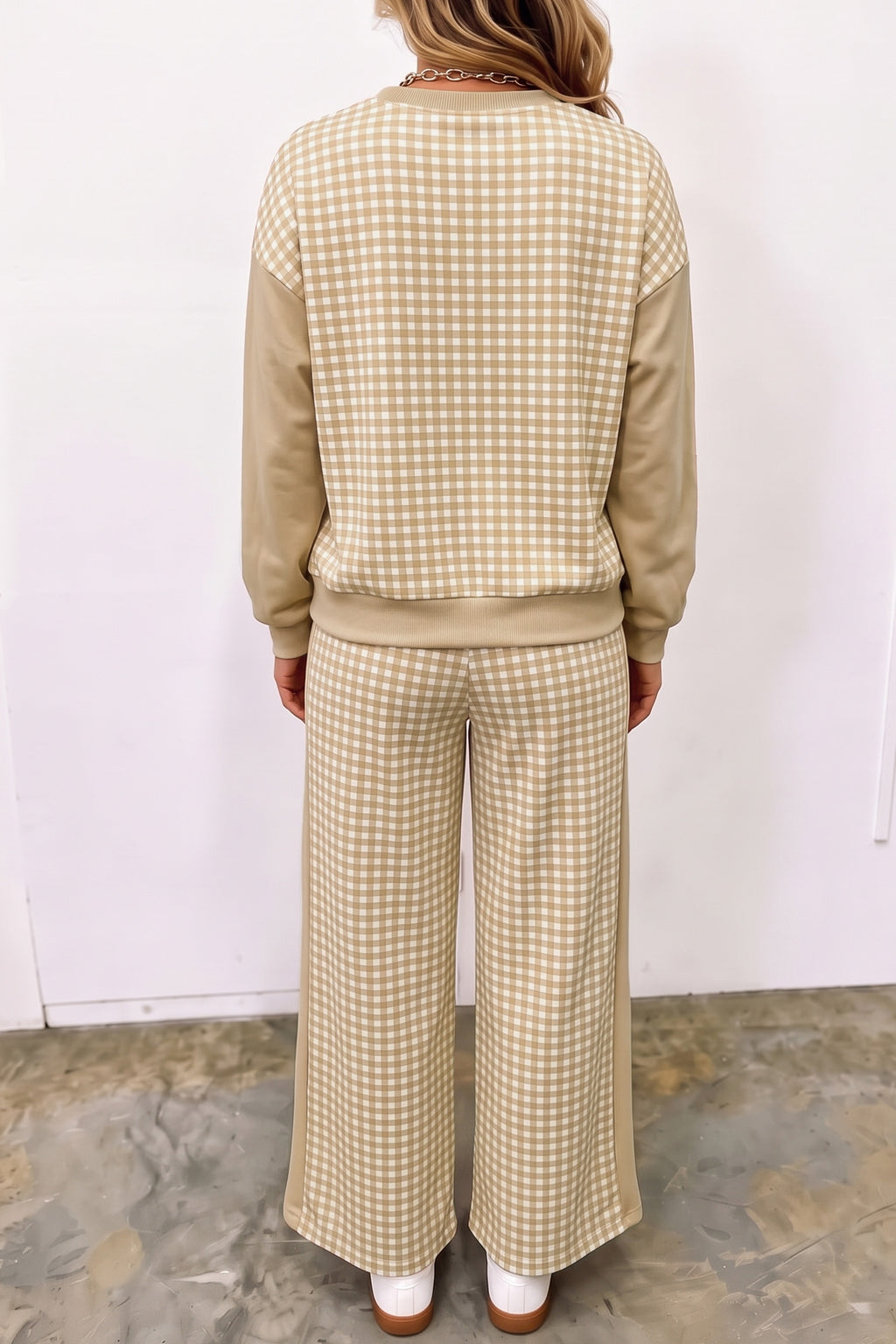 Color Block Plaid Patchwork Long Sleeve Pullover Pant Set