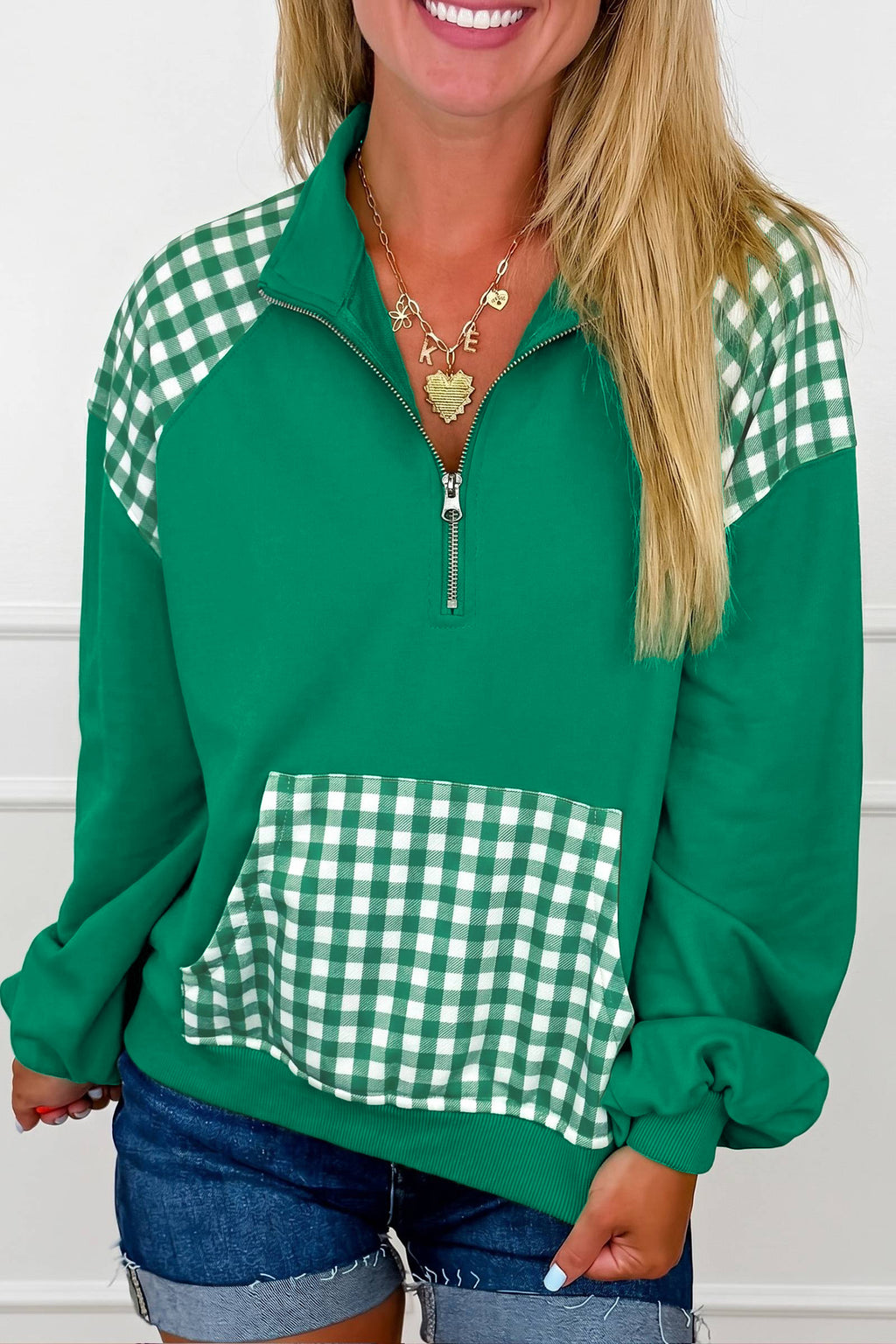 Patchwork Plaid Pocket Quarter Zip Pullover