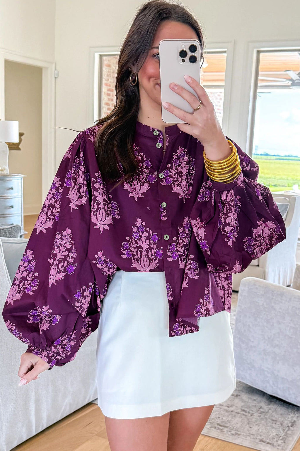 "Playful In Purple" Floral Print Long Puff Sleeve Shirt