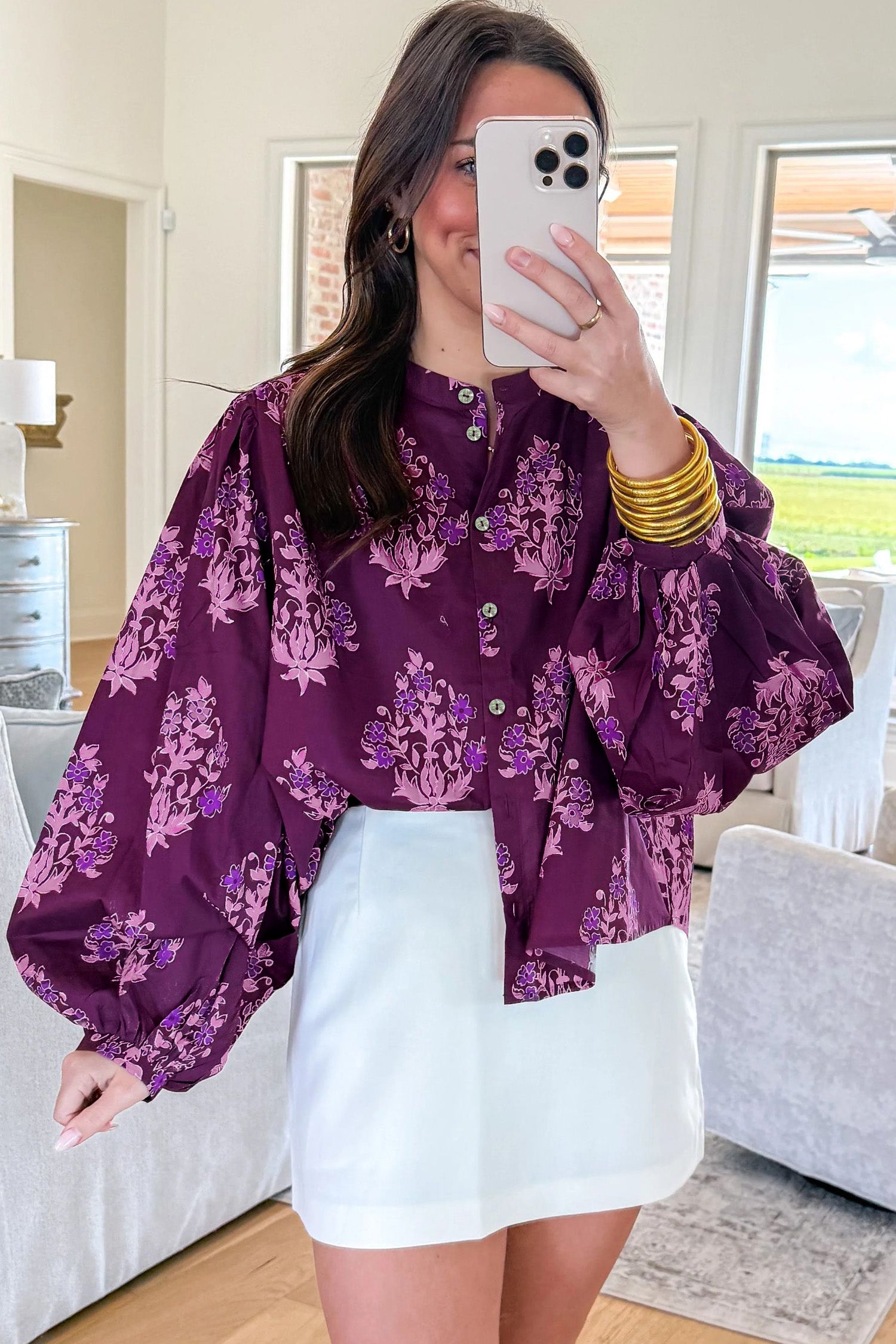 "Playful In Purple" Floral Print Long Puff Sleeve Shirt