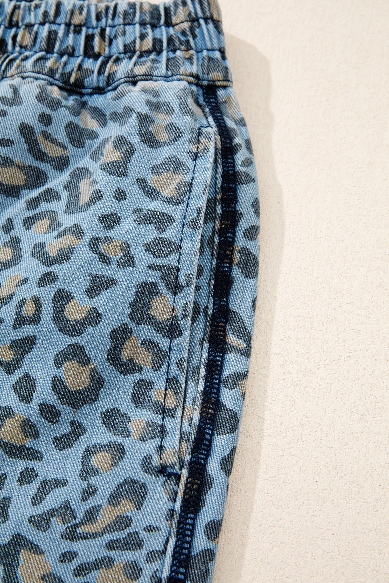 Blue Leopard Print Wide Leg Drawstring Jeans