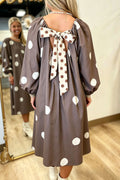 "Brown Polka & Bow" Knot Back Long Sleeve Midi Dress