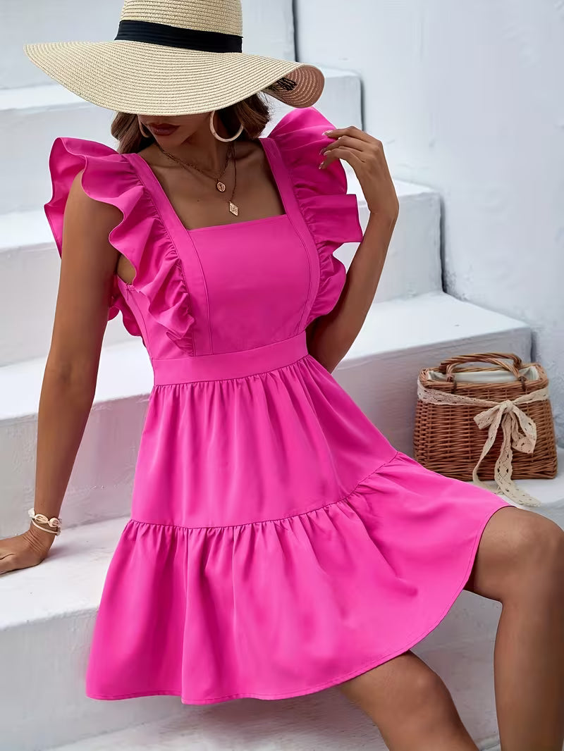 Vibrant Pink Ruffled Sleeved Bow Back Dress