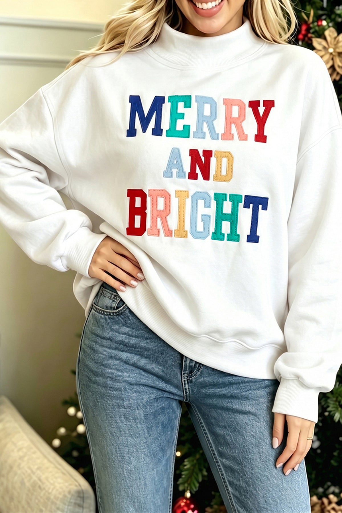 "MERRY &  BRIGHT" Stitched Sweatshirt