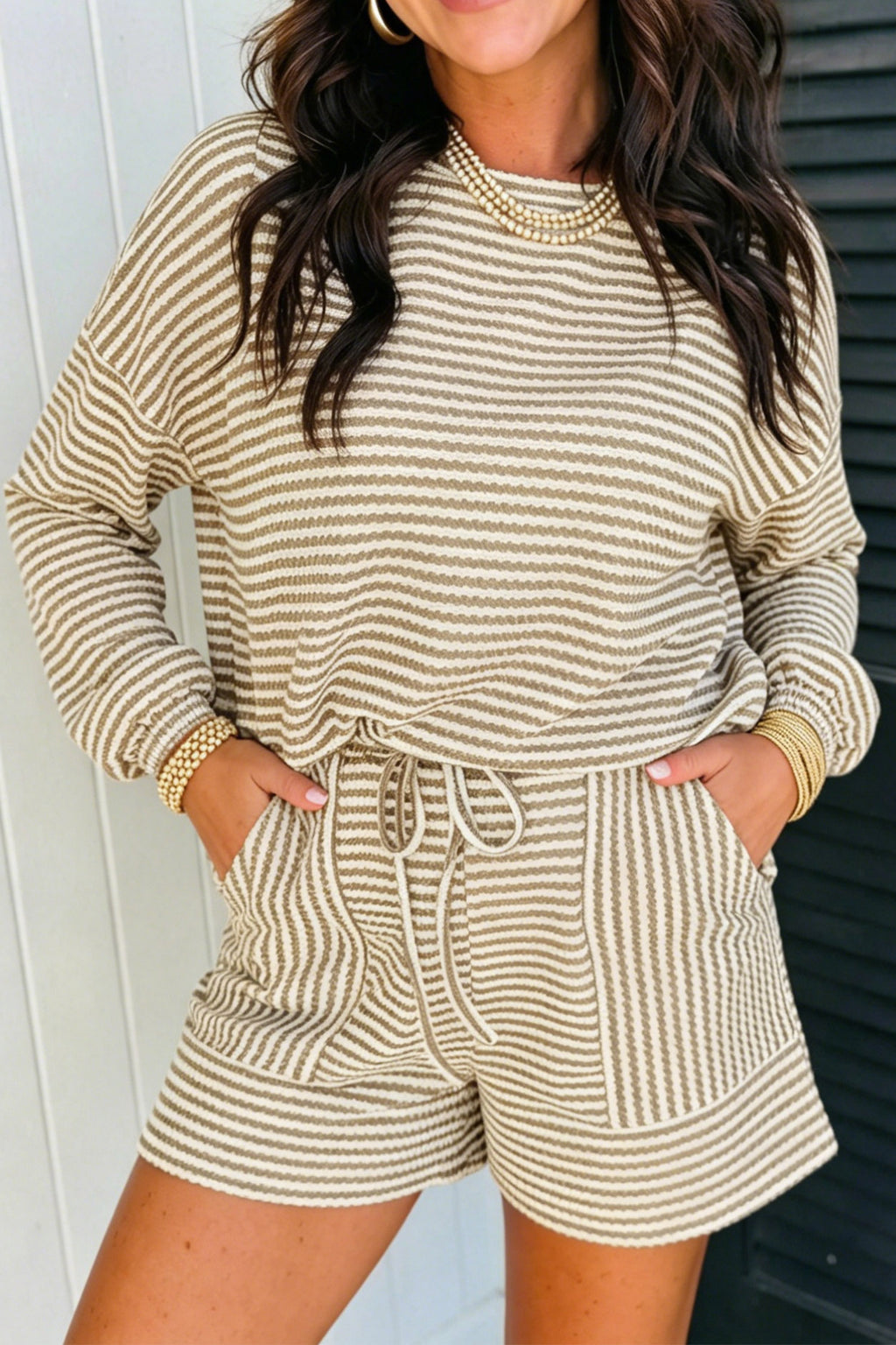 "Now in Neutral" Striped Long Sleeve Top Shorts Set