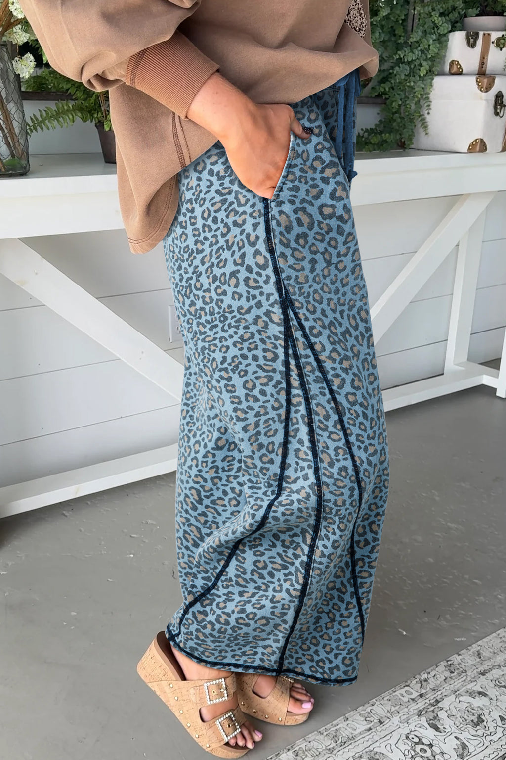 Blue Leopard Print Wide Leg Drawstring Jeans