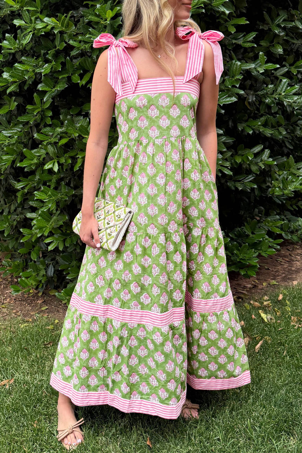 "Garden Party" Green Floral Tie Straps Maxi Dress
