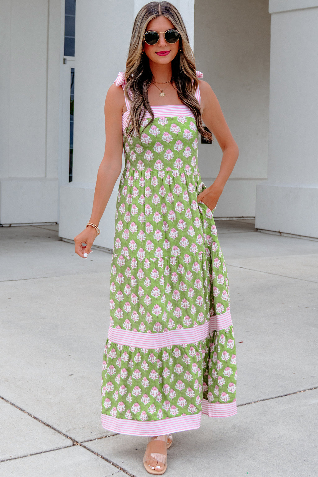"Garden Party" Green Floral Tie Straps Maxi Dress