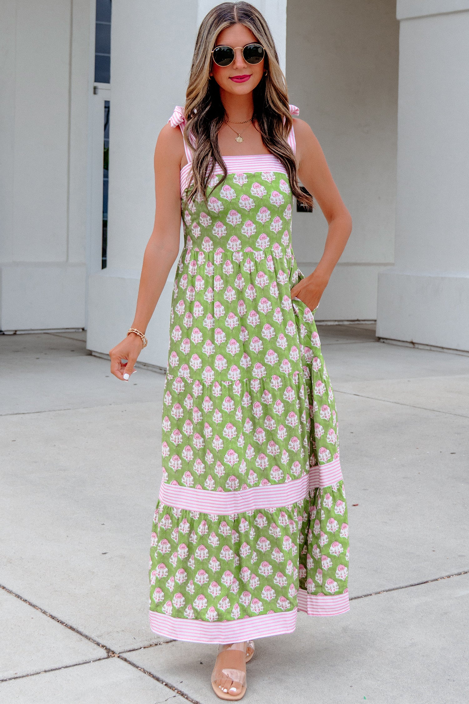 "Garden Party" Green Floral Tie Straps Maxi Dress