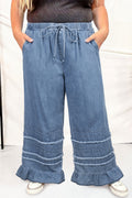 Dusk Blue Tiered Raw Edge Ruffled Plus Size Wide Leg Denim Jeans