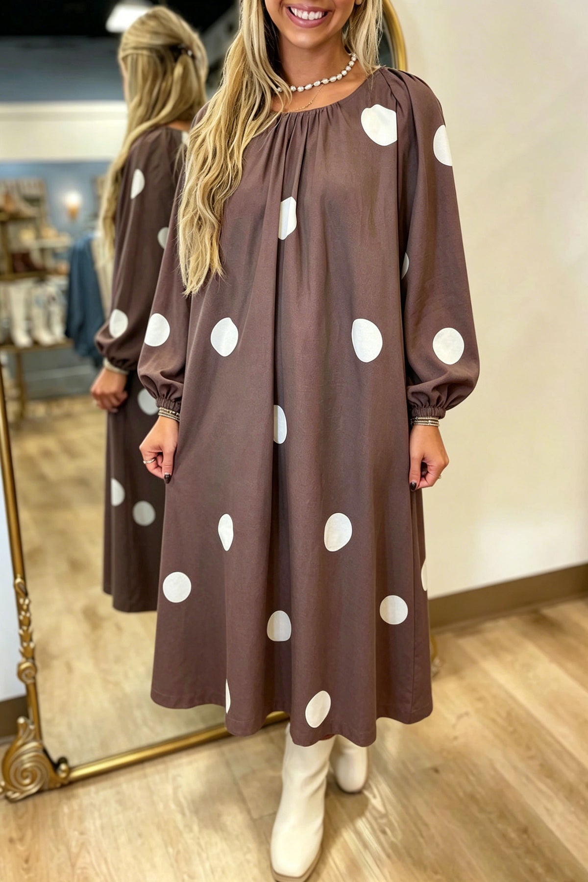 "Brown Polka & Bow" Knot Back Long Sleeve Midi Dress