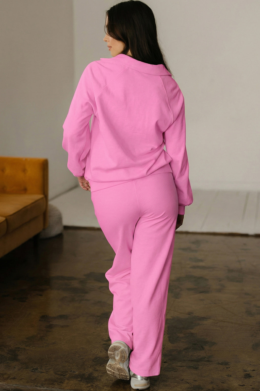 Dark Khaki Polo Collar V Neck Pullover and Drawstring Sweatpants Set