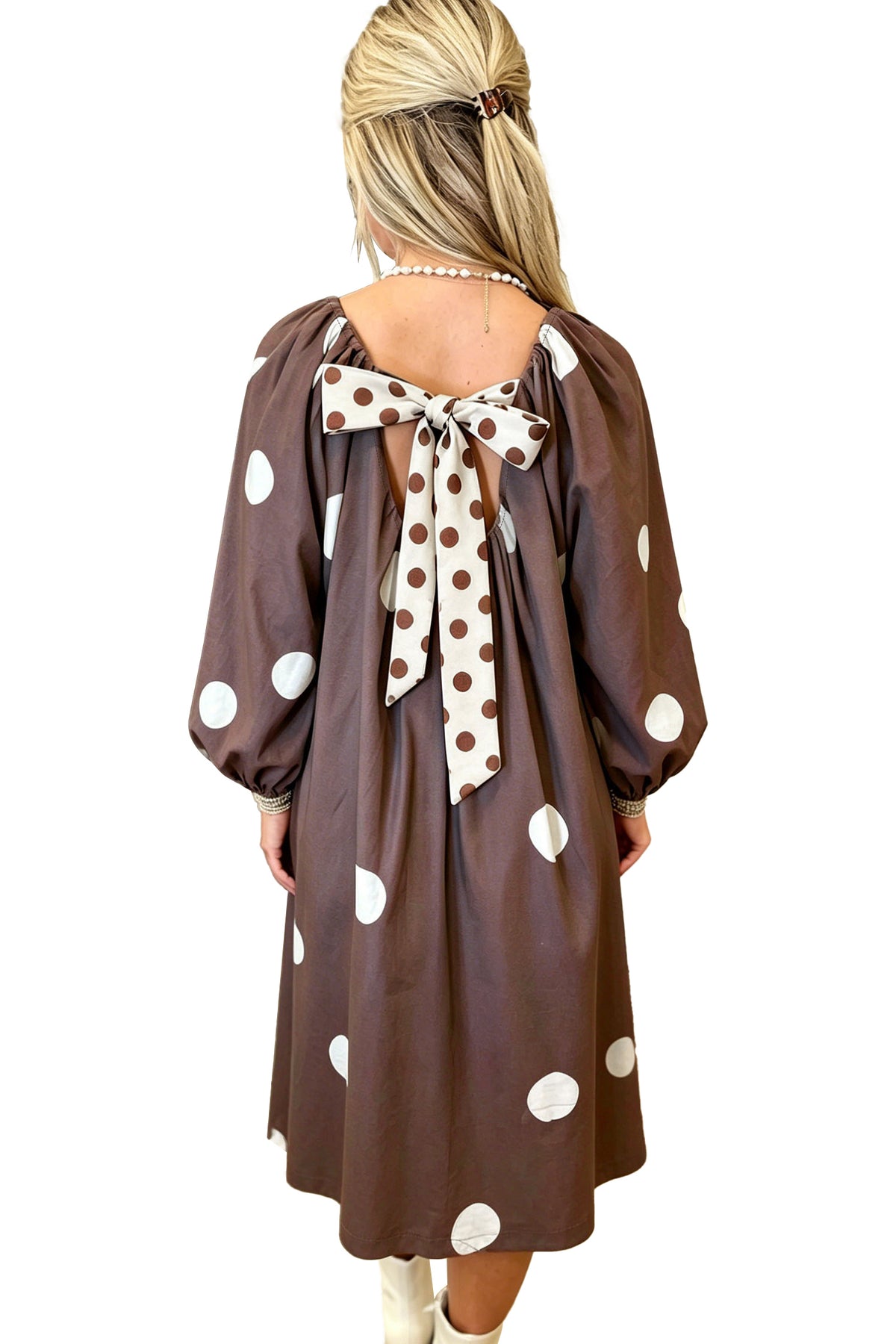 "Brown Polka & Bow" Knot Back Long Sleeve Midi Dress