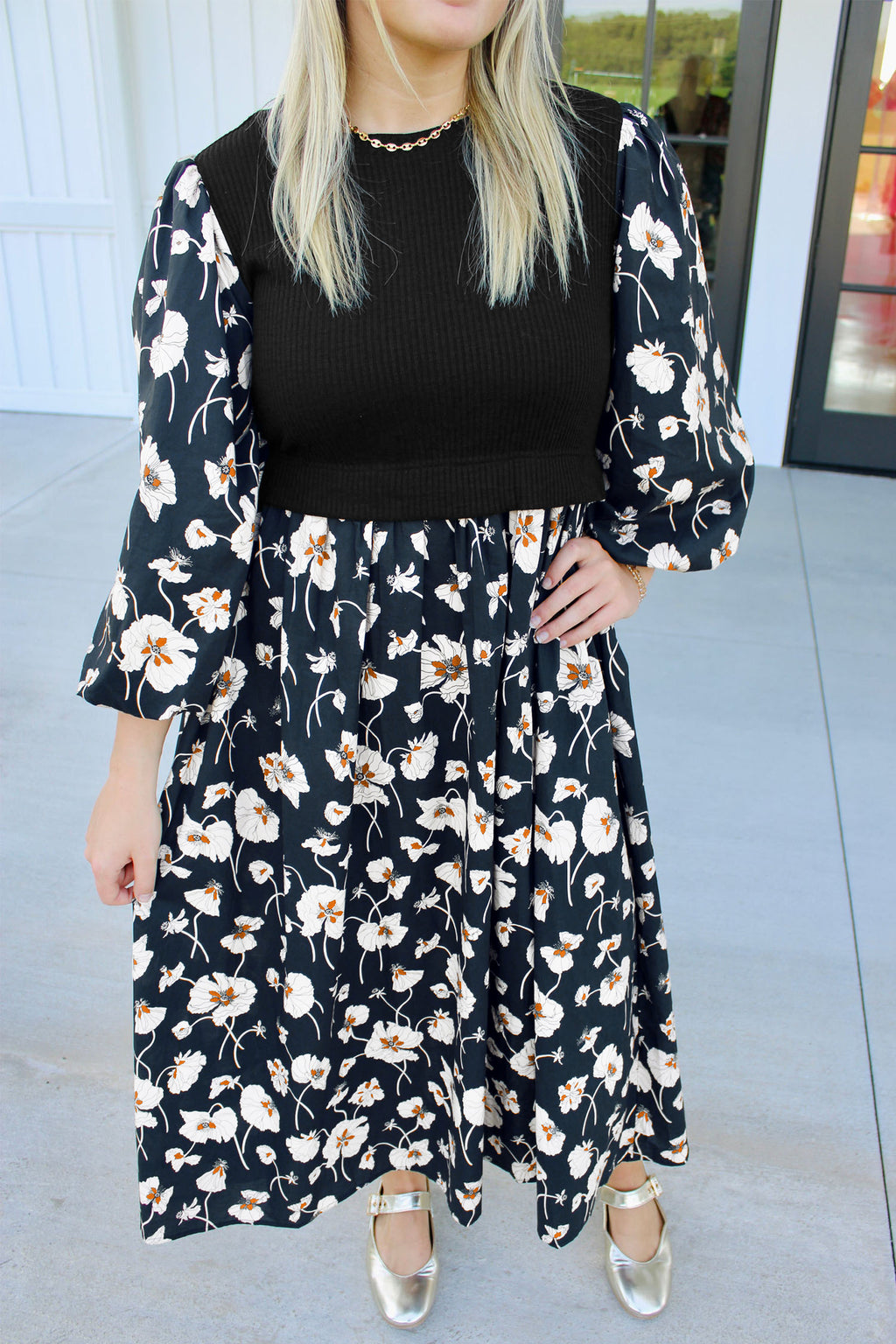 Black Floral Print Long Sleeve Plus Size Dress