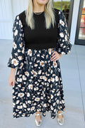 Black Floral Print Long Sleeve Plus Size Dress