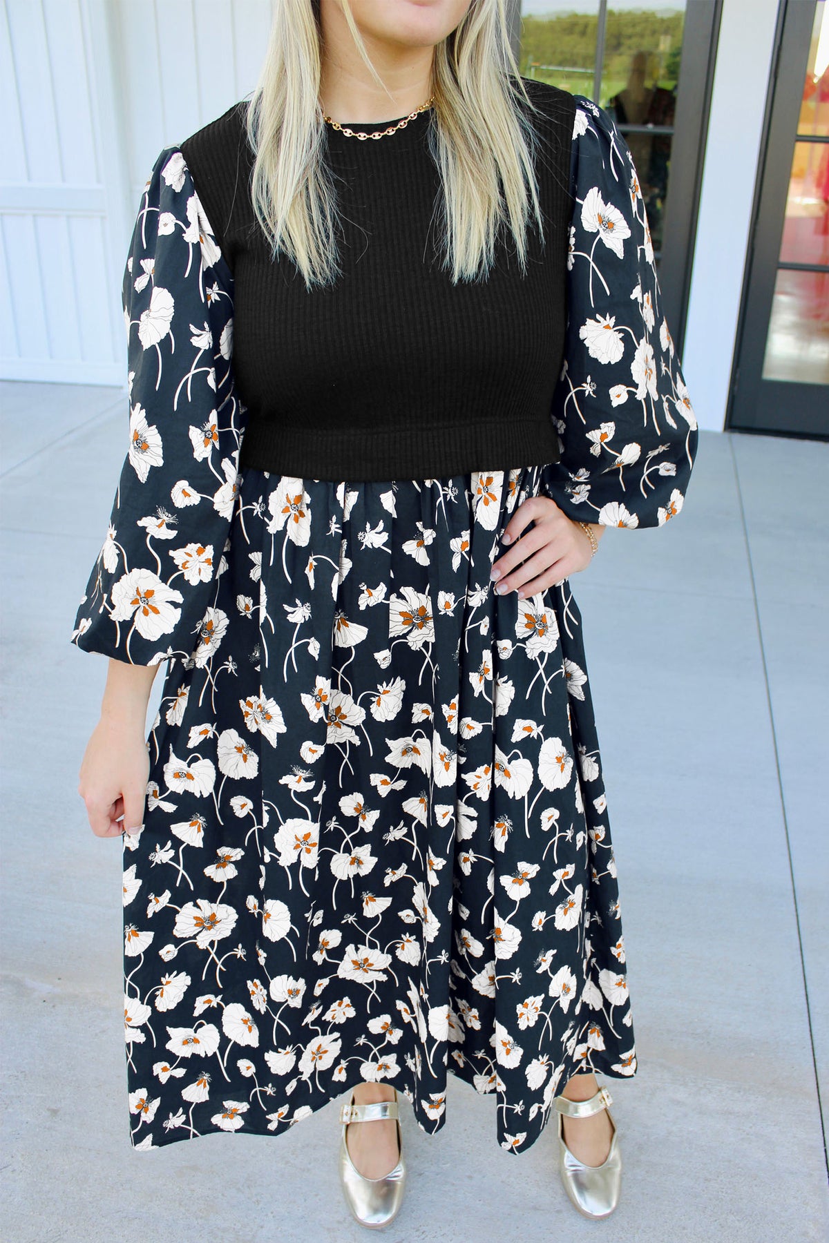 Black Floral Print Long Sleeve Plus Size Dress