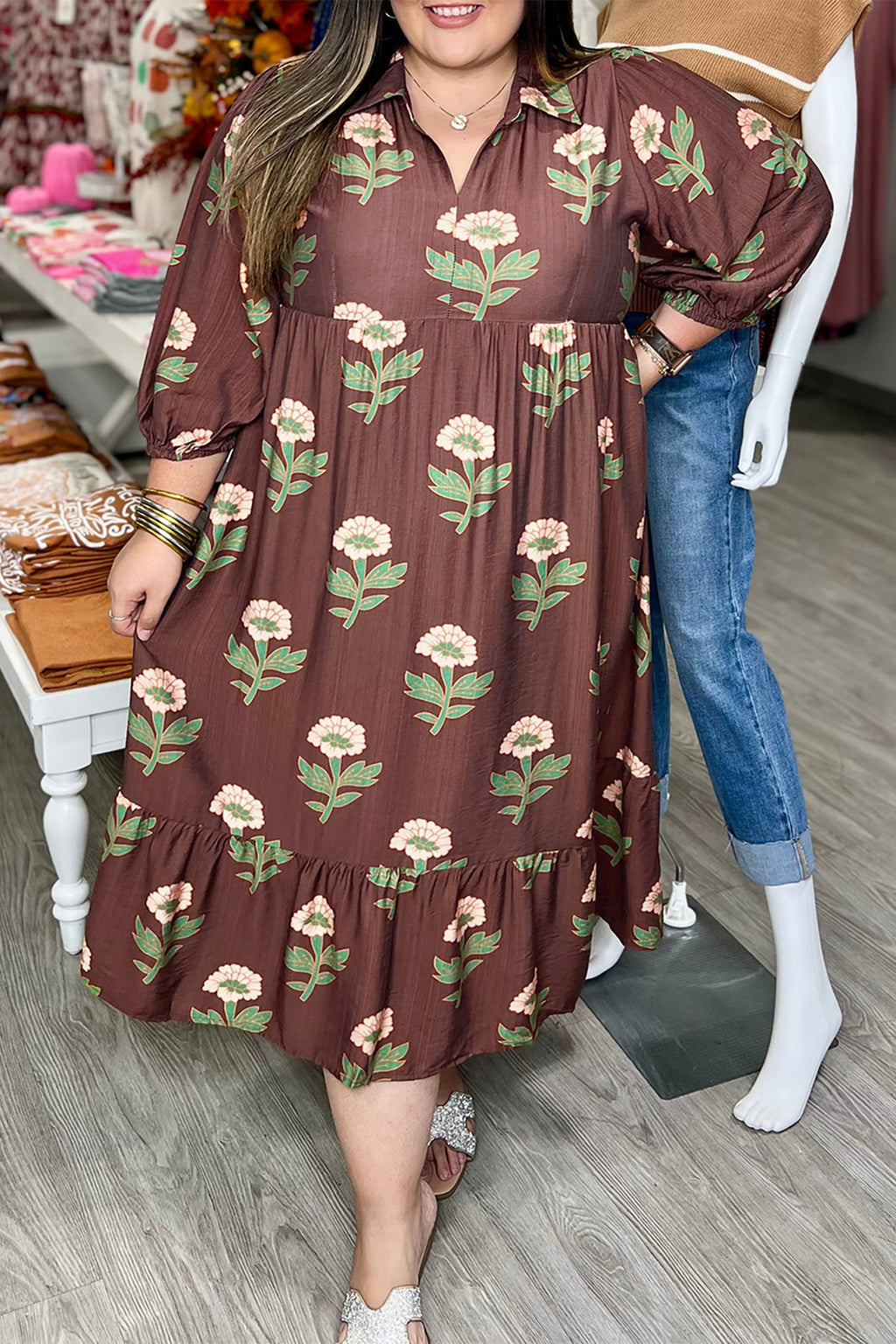 Brown Floral Plus Size Dress