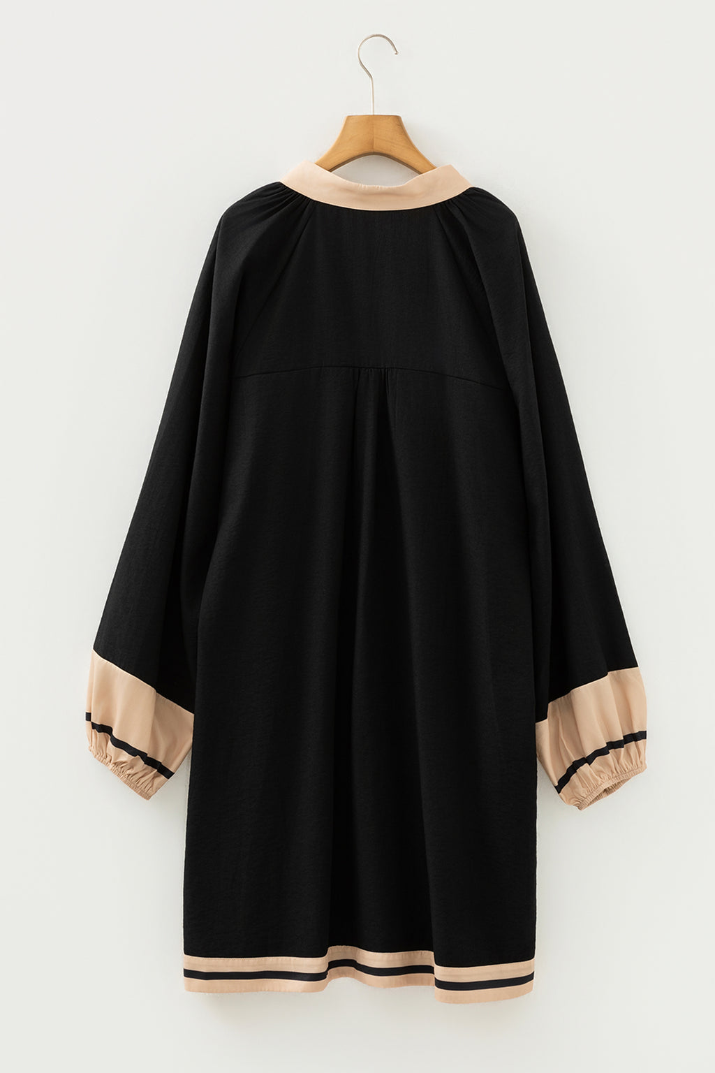 Color Block Trim Long Sleeve Black Plus Size Dress