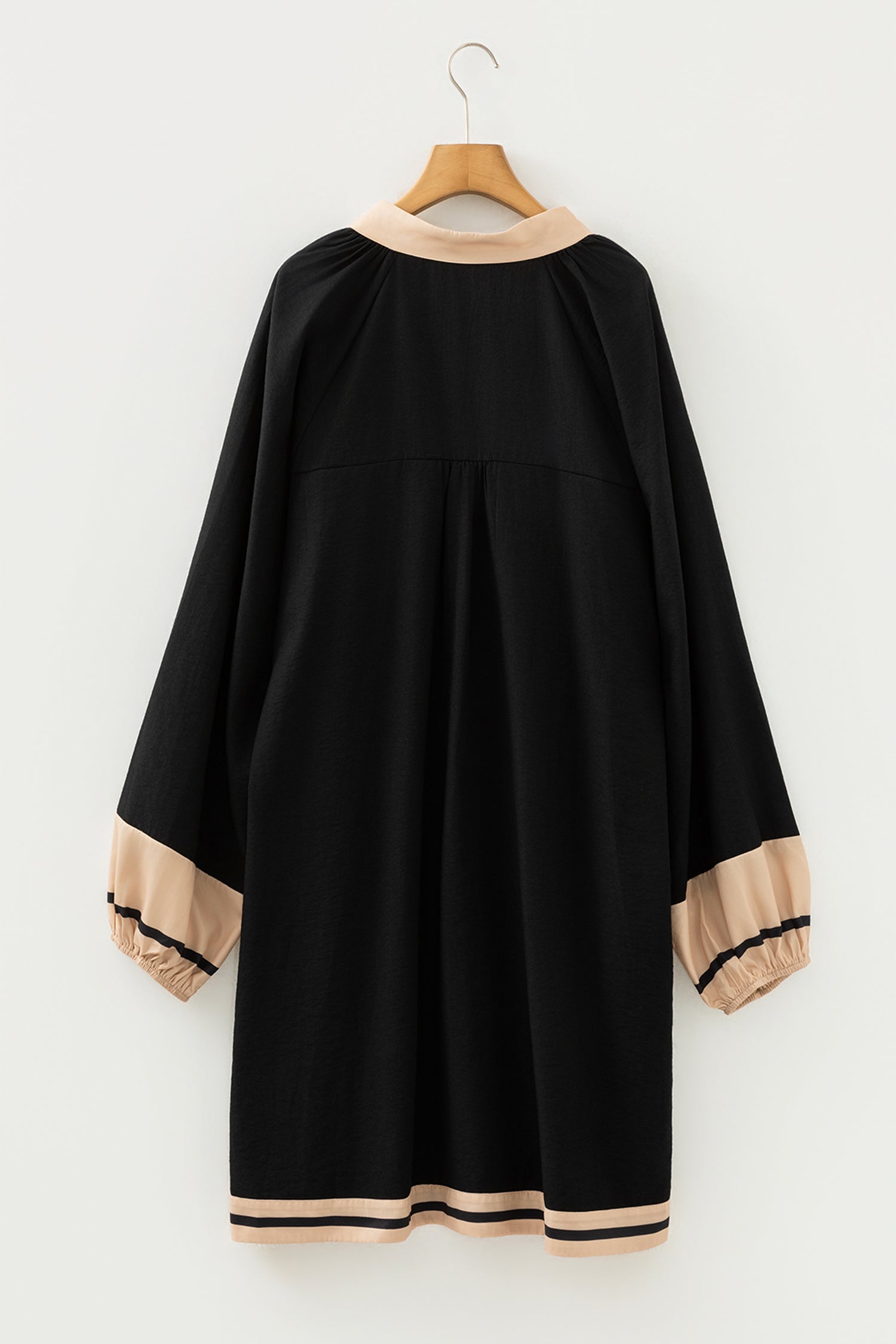 Color Block Trim Long Sleeve Black Plus Size Dress