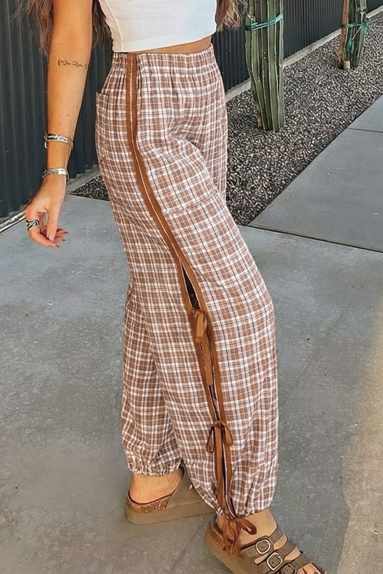 "Chace Me In Chestnut" Plaid  Bow Tie Jogger Pants