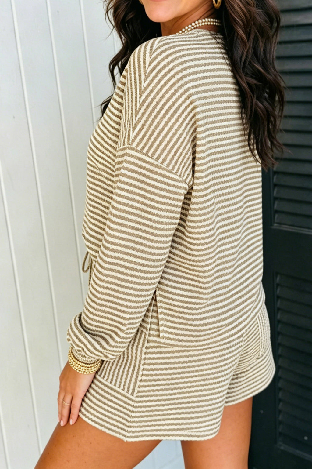 "Now in Neutral" Striped Long Sleeve Top Shorts Set
