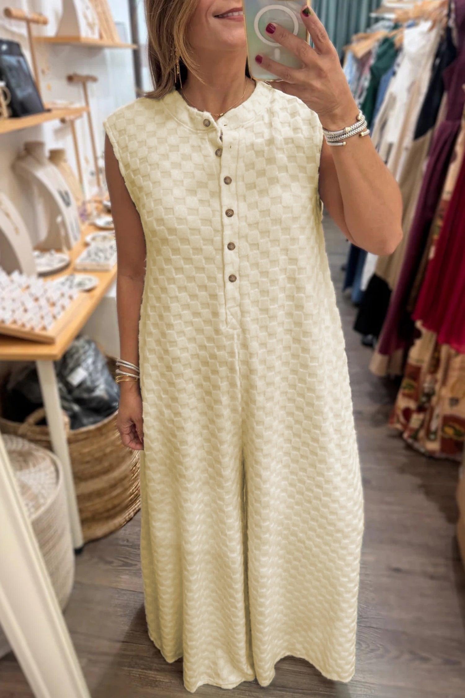 "Check Please" Checkered Cream or Black Wide Leg Jumpsuit