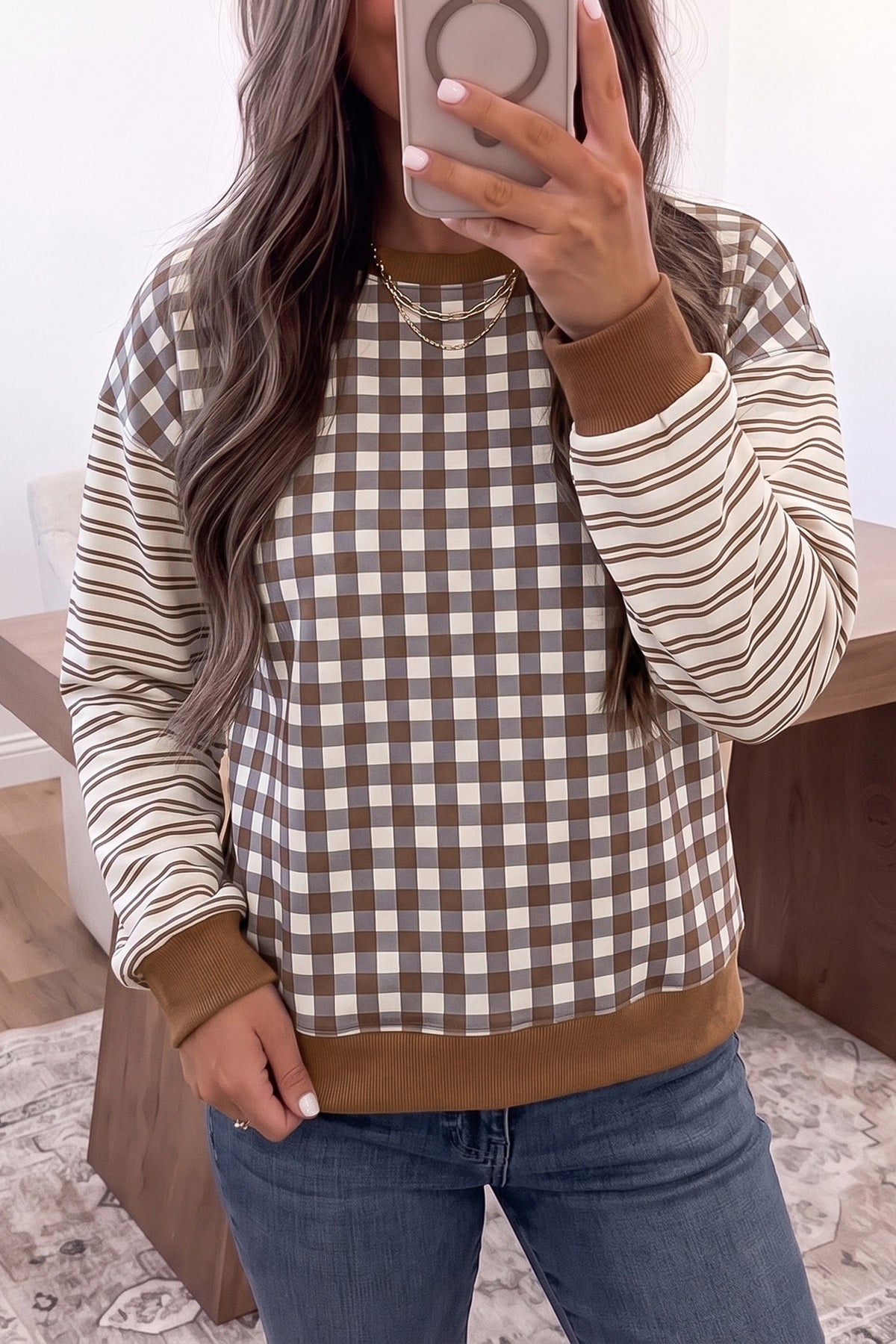 Brown Plaid Striped Patchwork Long Sleeve Casual Top