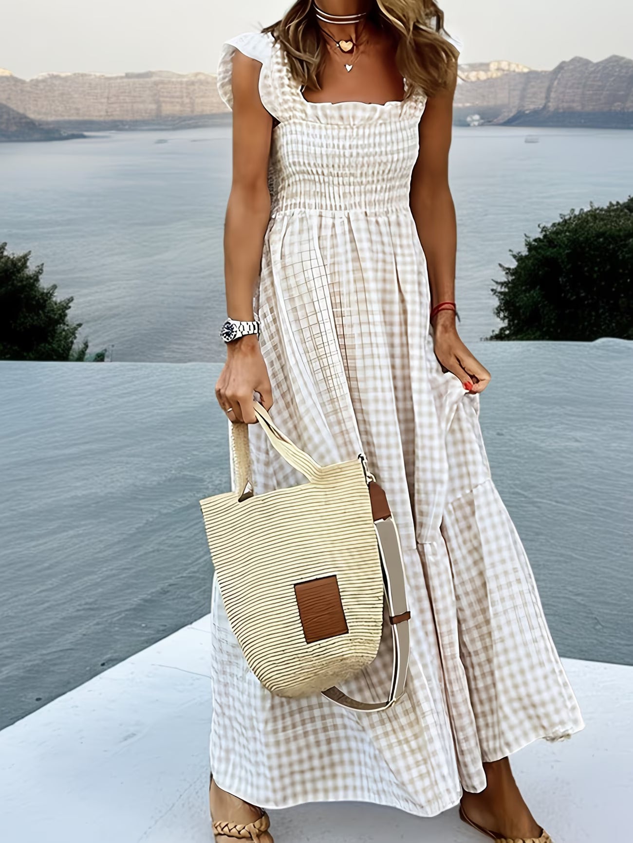 Khaki and White Targeted Plaid Dress