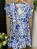 Blue and White Ruffle Sleeve V-Neck Dress