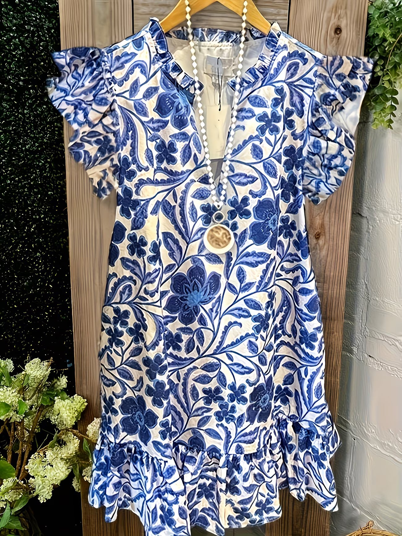 Blue and White Ruffle Sleeve V-Neck Dress