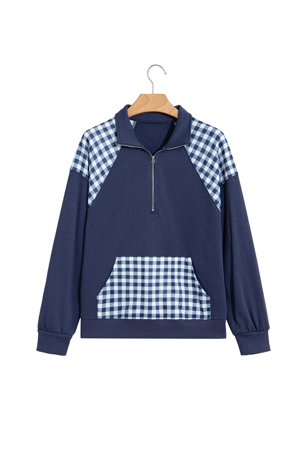 Patchwork Plaid Pocket Quarter Zip Pullover